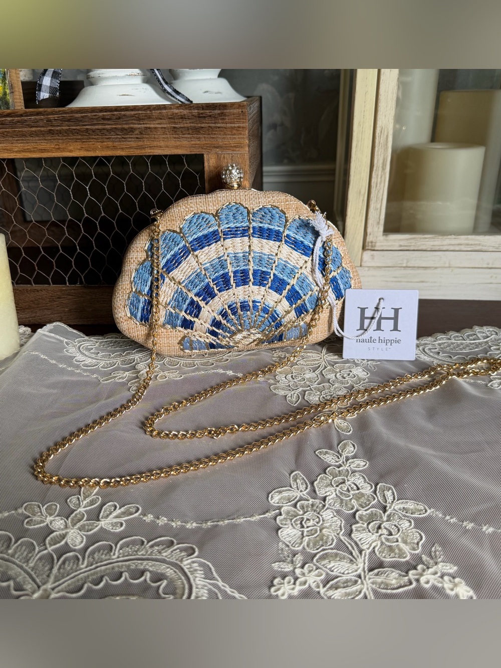 NWT Haute Hippie Blue and Natural Straw Shell-Clutch with Gold Chain Purse
